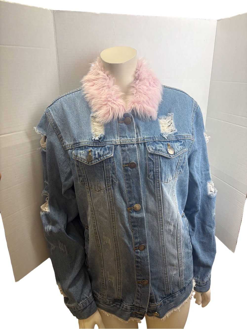The style between us distressed denim jacket pink fur